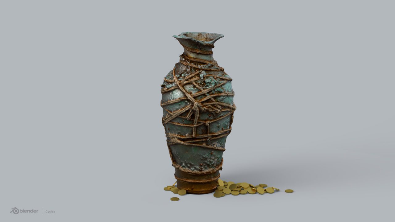 Store - 3D Model of Old Clay Pot with Rope - Photogrammetry - Cycles Blender