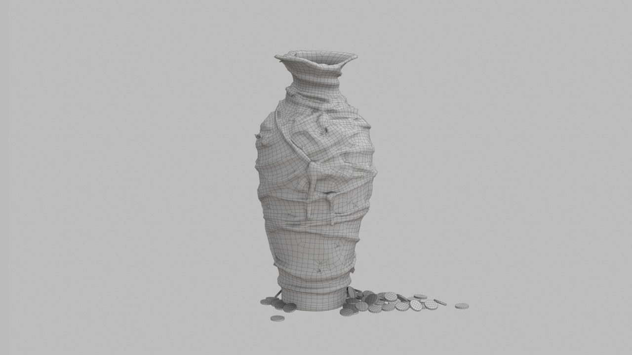 Store - 3D Model of Old Clay Pot with Rope - Photogrammetry - Wireframe Front View