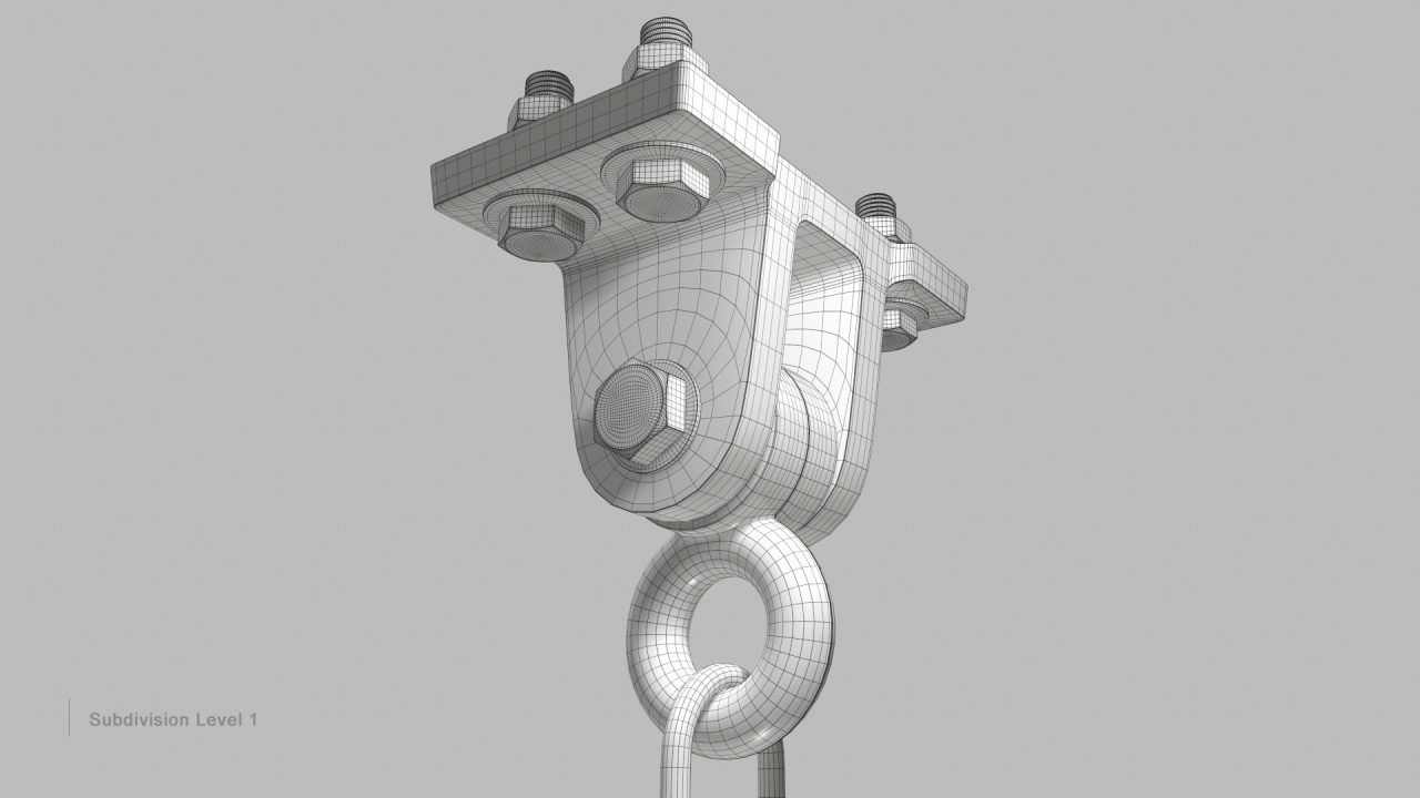 Store - 3D Model of a Swing Hanger - Wireframe Subdivision Level 1 Close Low Angle View