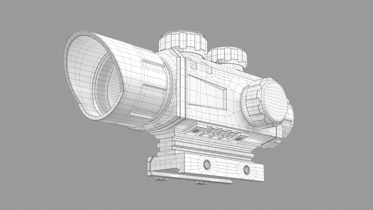 Store - 3D Model of a Rifle Scope - Wireframe Left Side Front View