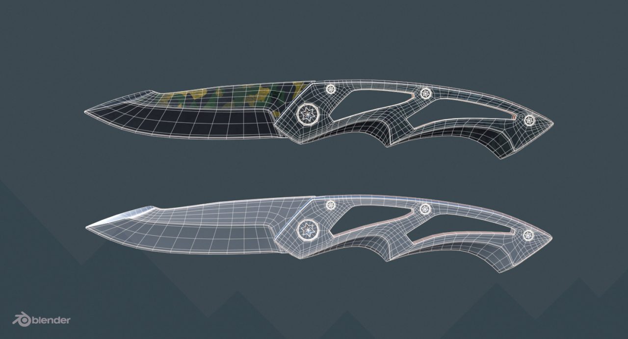 Store - 3D Model of Tactical Folding Knife - Two Wireframe Render by Blender