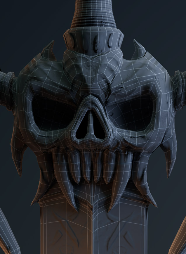 Portfolio - 3D Modeling of a Skull Sword - Studio Lighting in Arnold - Wireframe Close Shot A