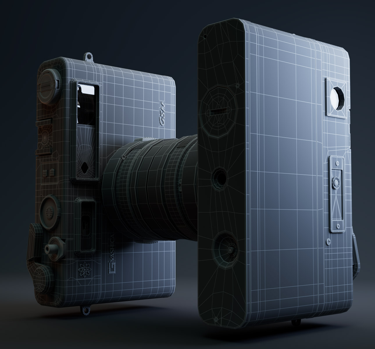 Portfolio - 3D Modeling of a Yashica Camera - Lighting Rendering in Arnold - Wireframe C